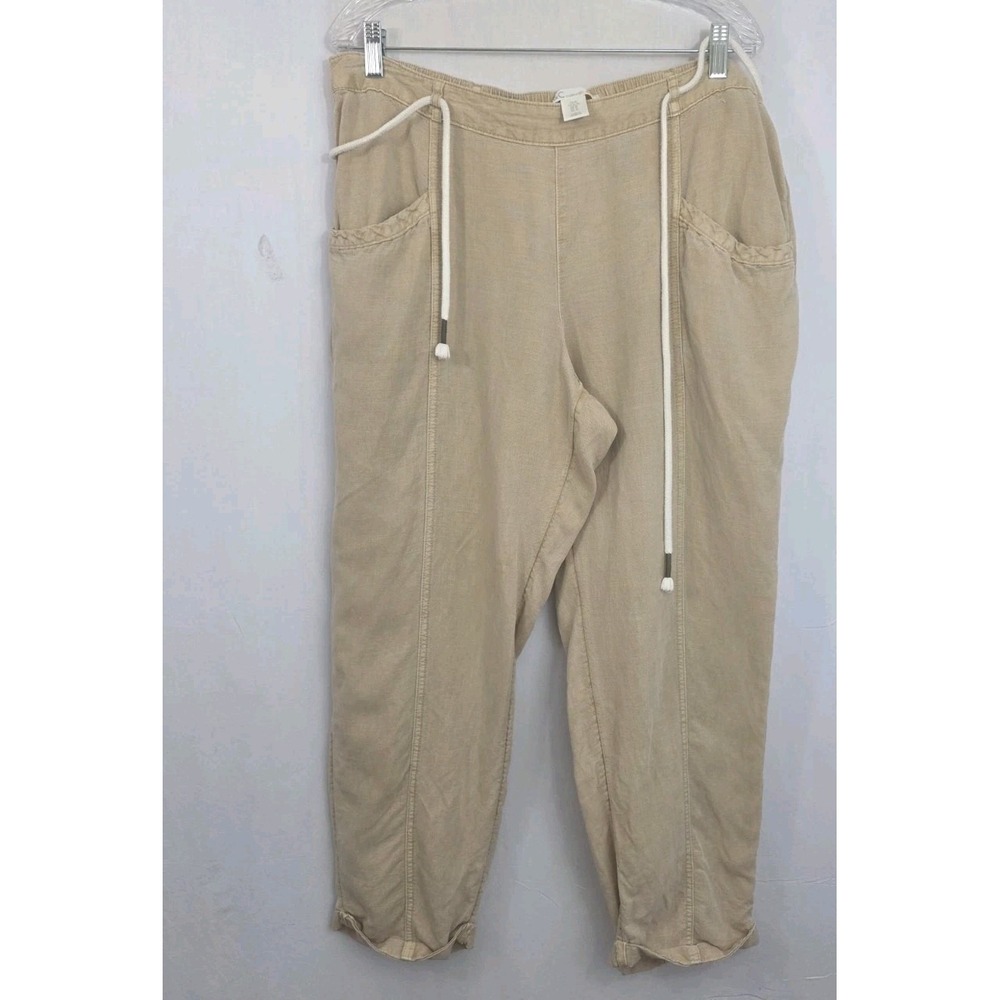 C&C California Pants Womens Large Linen Blend Rope Belt Nautical Coastal Tan